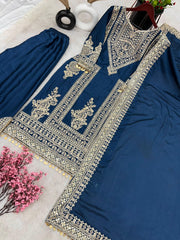 Luxuriant Embroidery Work Rama Color Anrakali Suit