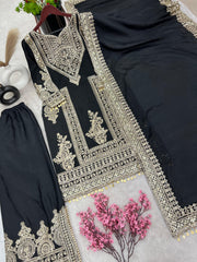 Luxuriant Embroidery Work Black Color Anrakali Suit