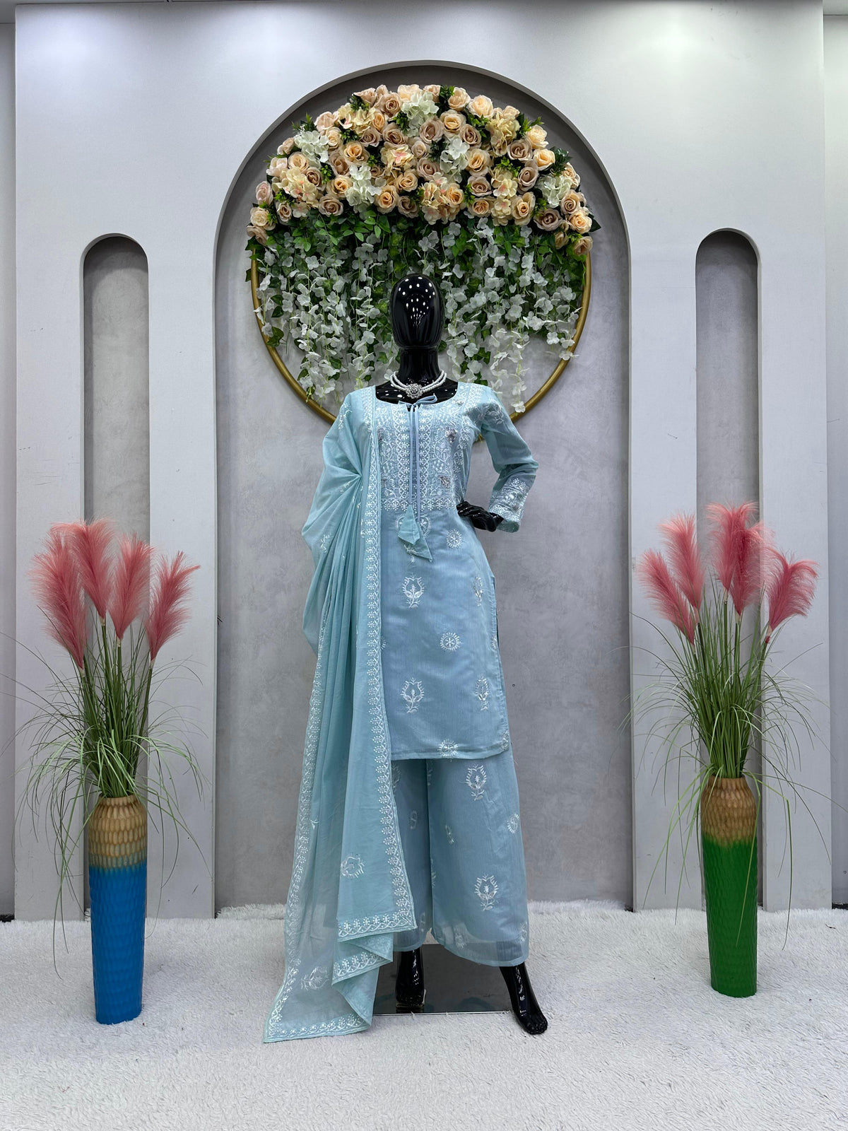 Demanding Thread Work Sky Blue Color Anarkali Suit