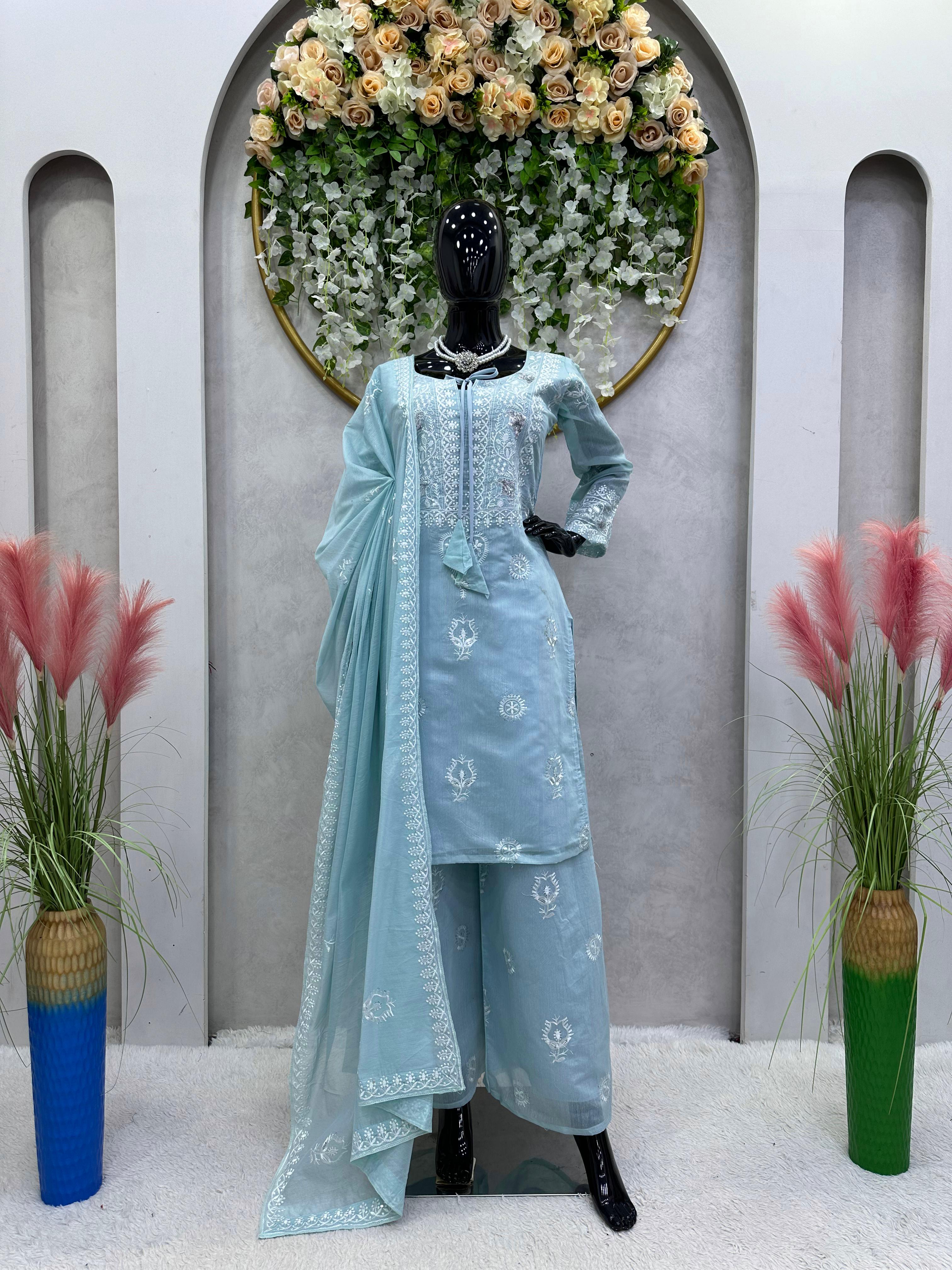 Demanding Thread Work Sky Blue Color Anarkali Suit