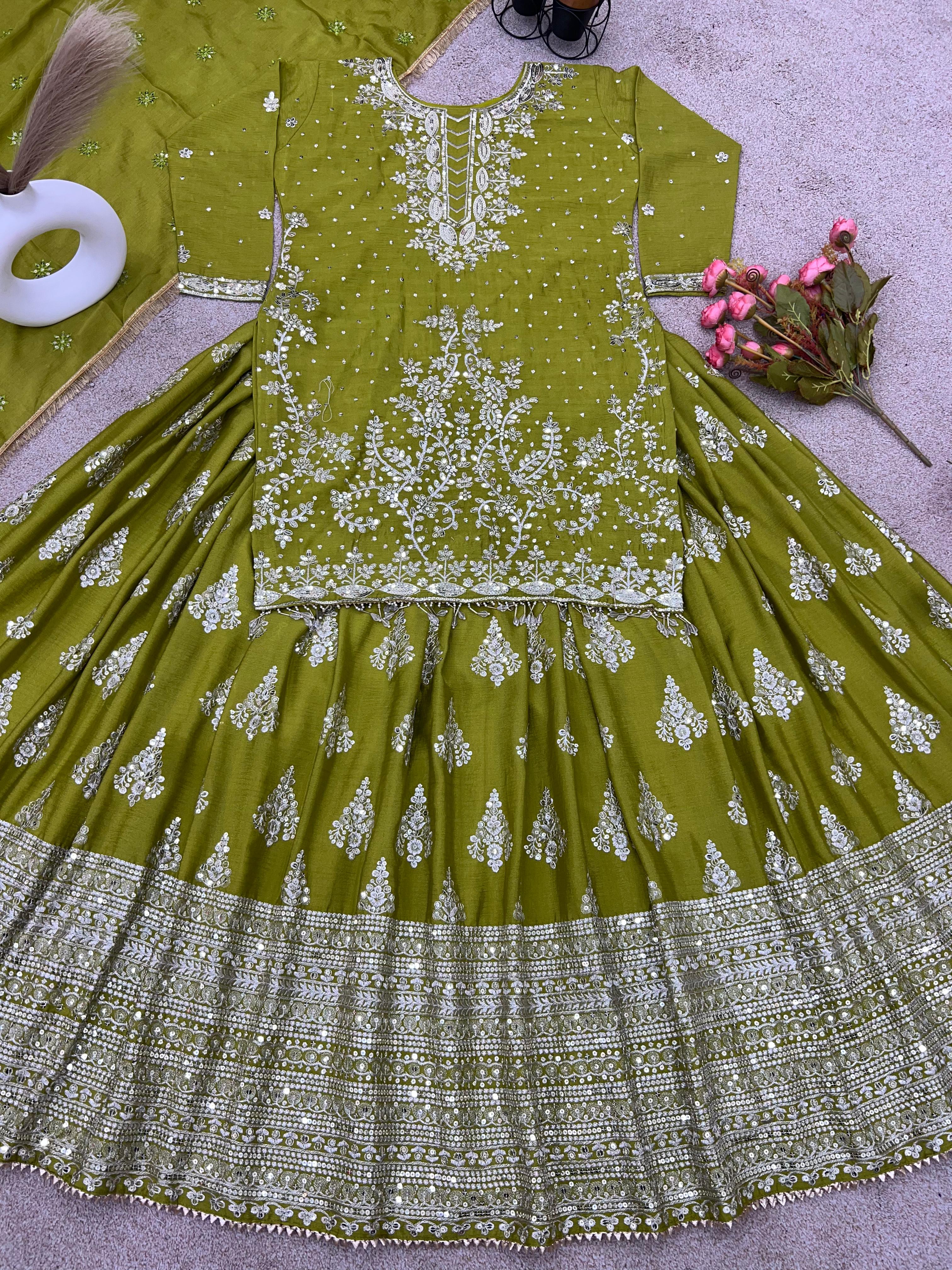 Presenting Embroidery Sequence Work Perrot Color Top With Lehenga