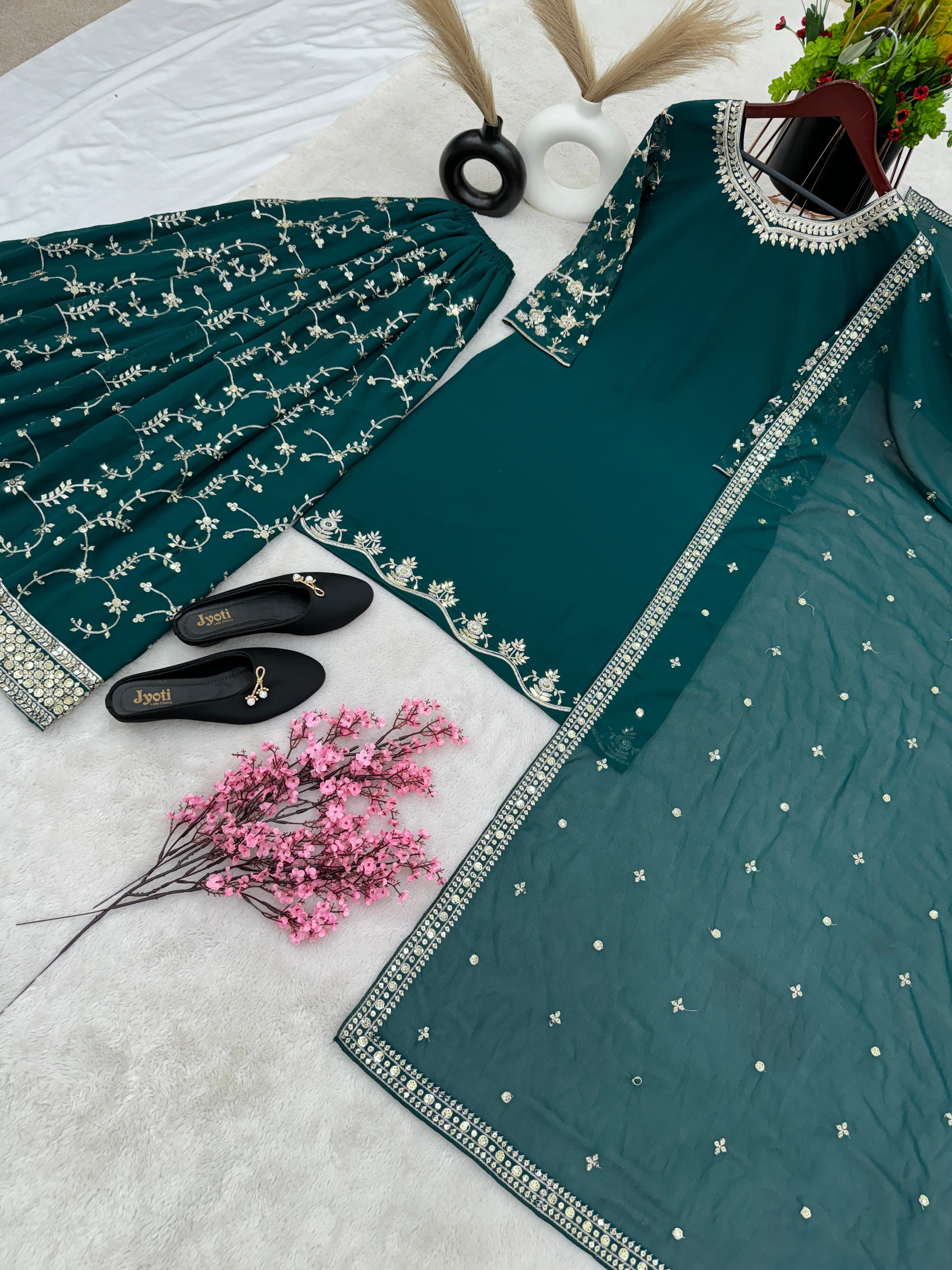 Fantastic Embroidery Sequence Work Green Color Top With Plazzo Suit