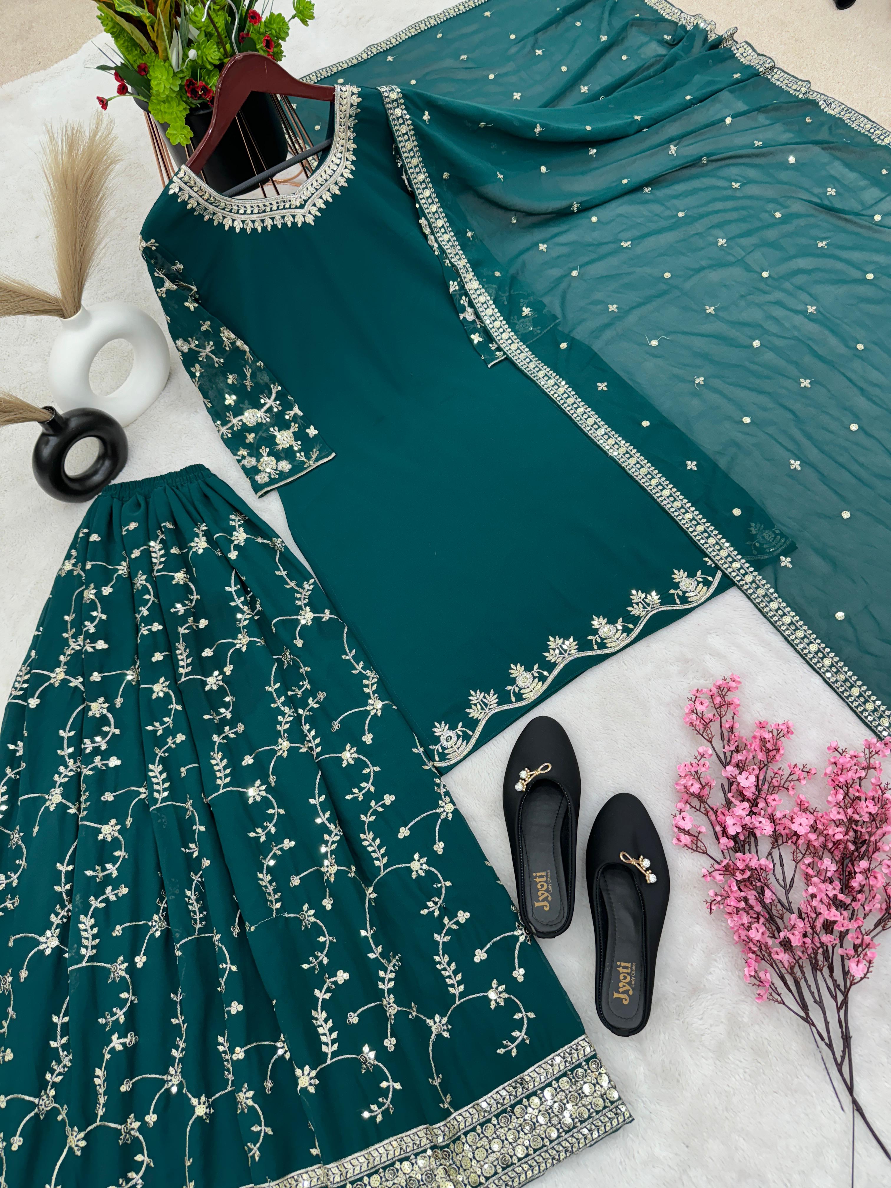 Fantastic Embroidery Sequence Work Green Color Top With Plazzo Suit
