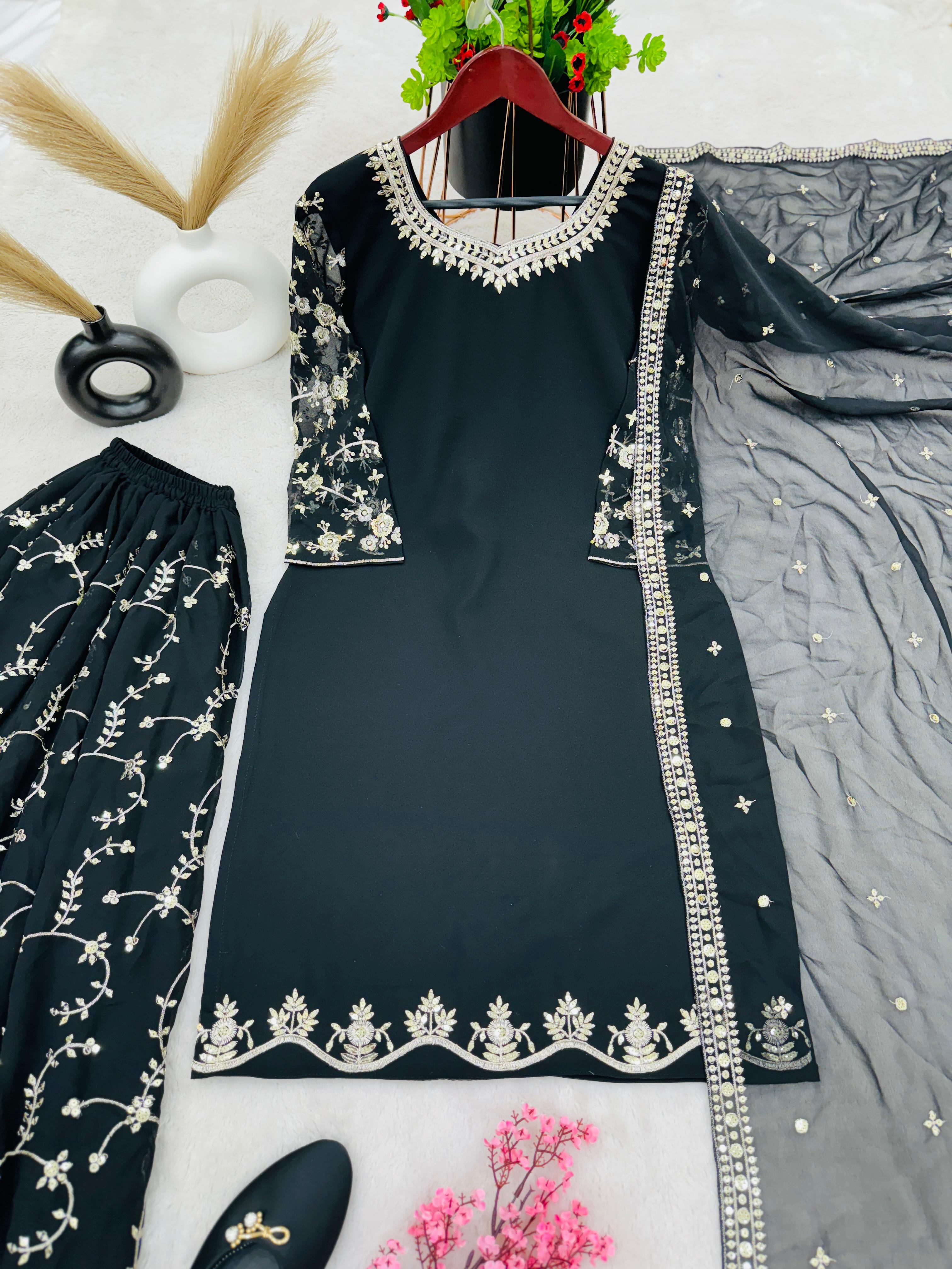 Fantastic Embroidery Sequence Work Black Color Top With Plazzo Suit