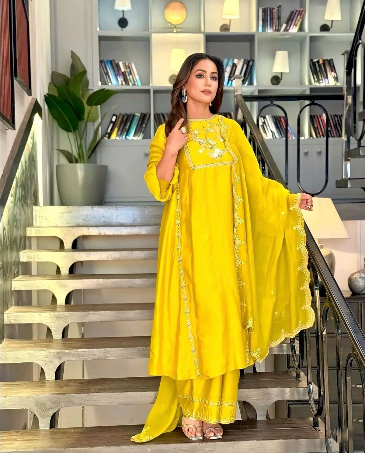 Bollywood Style Yellow Color Hina Khan Wear Palazzo Suit