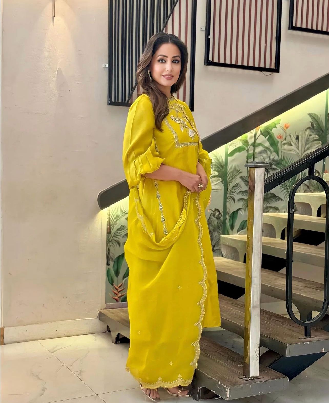 Bollywood Style Yellow Color Hina Khan Wear Palazzo Suit