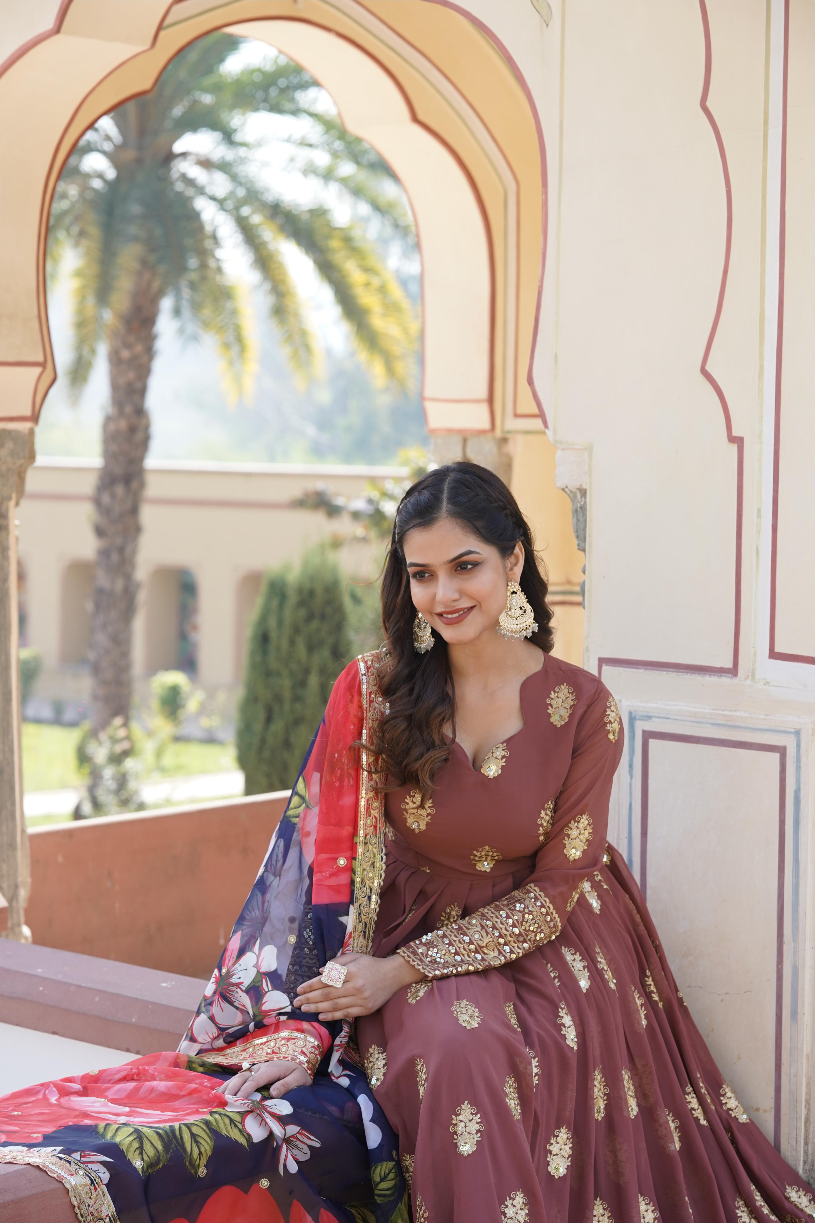 Brown Embroidery Zari Sequence Work Gown With Dupatta