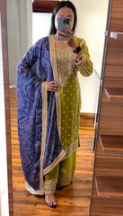 Parrot Green Work Palazzo Suit With Bandhani Dupatta