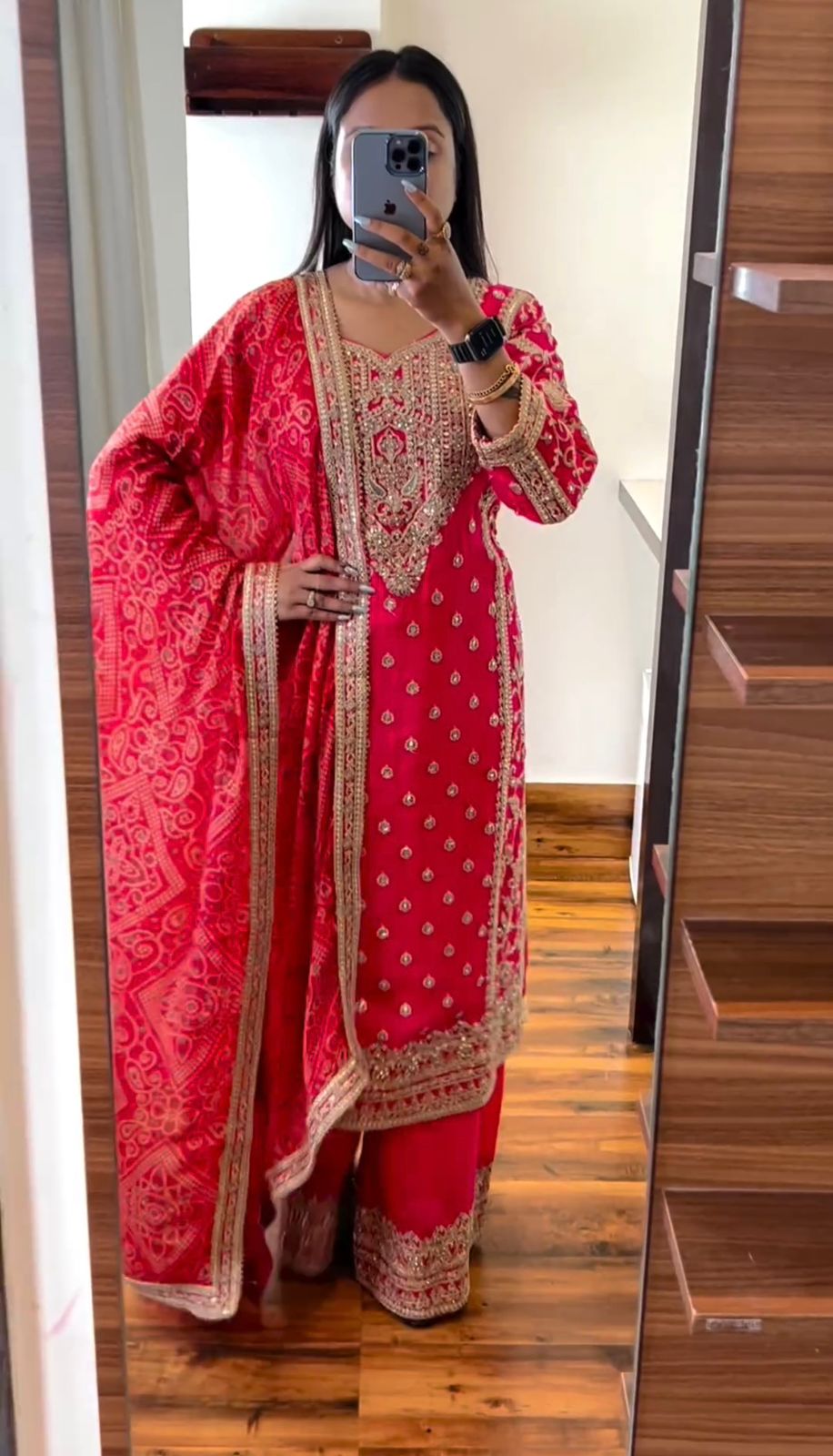 Pink Color Work Palazzo Suit With Bandhani Dupatta