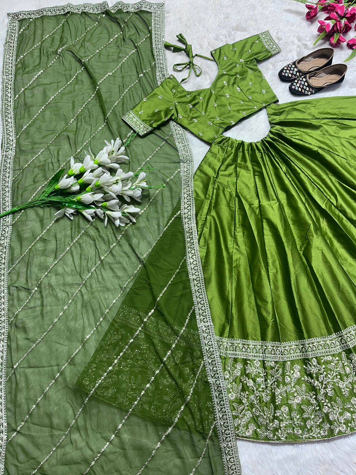 Good Looking Parrot Green Color With Work Lehenga Choli