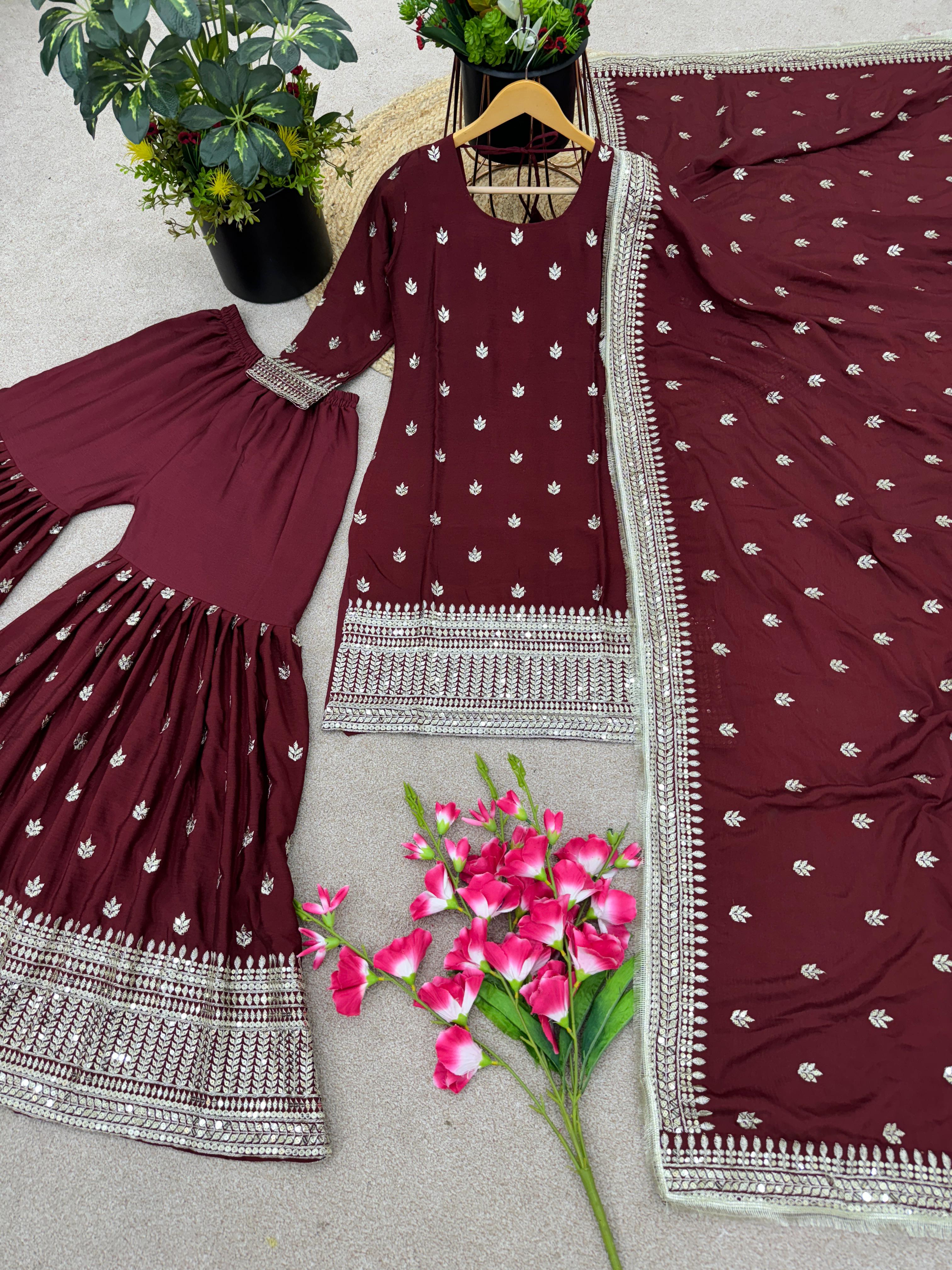 Captivating Embroidery Sequence Work Maroon Color Sharara Suit