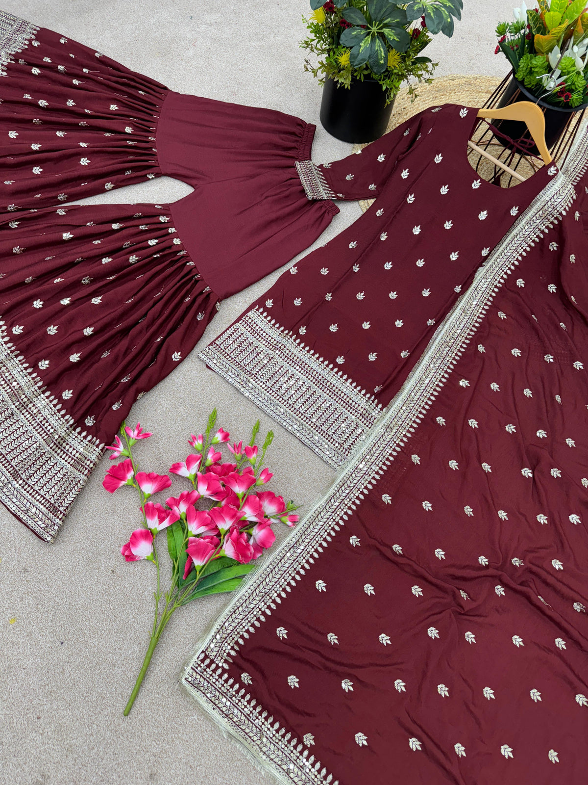 Captivating Embroidery Sequence Work Maroon Color Sharara Suit