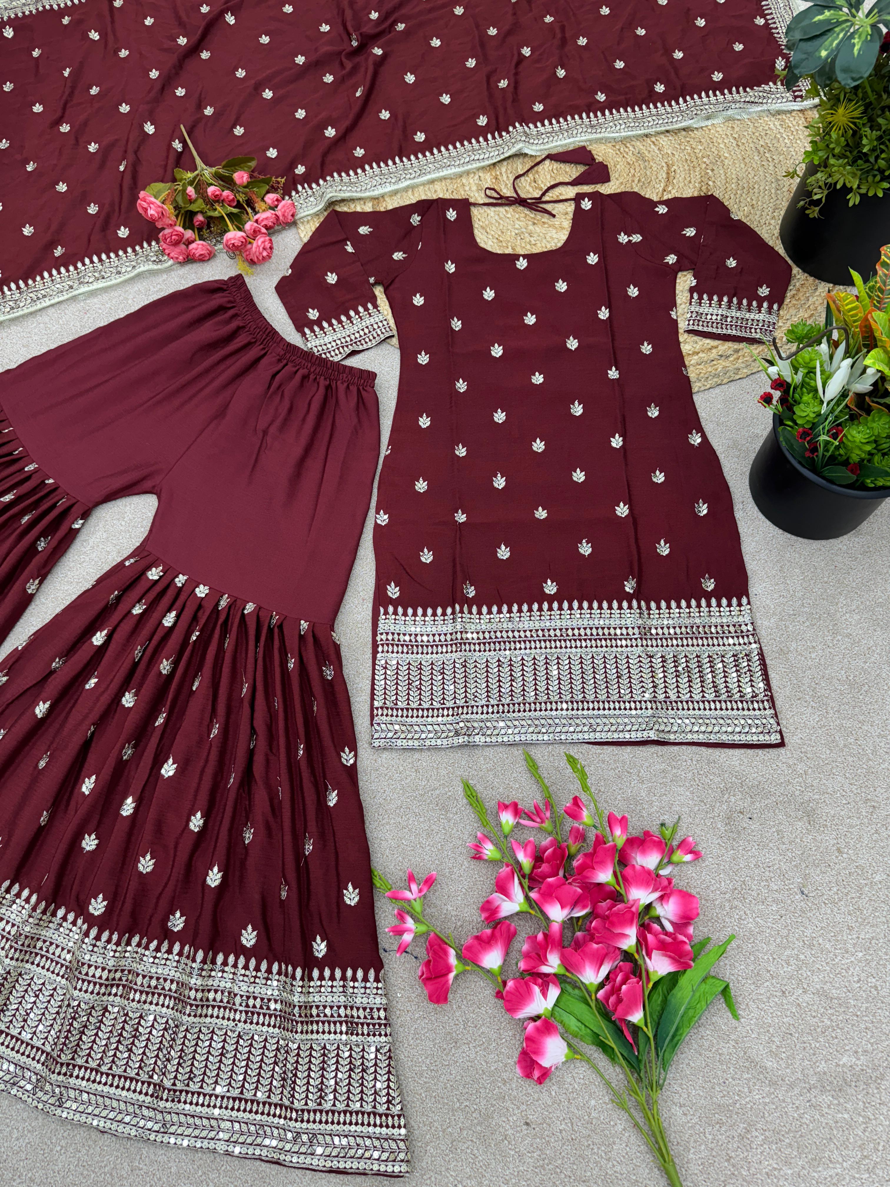Captivating Embroidery Sequence Work Maroon Color Sharara Suit