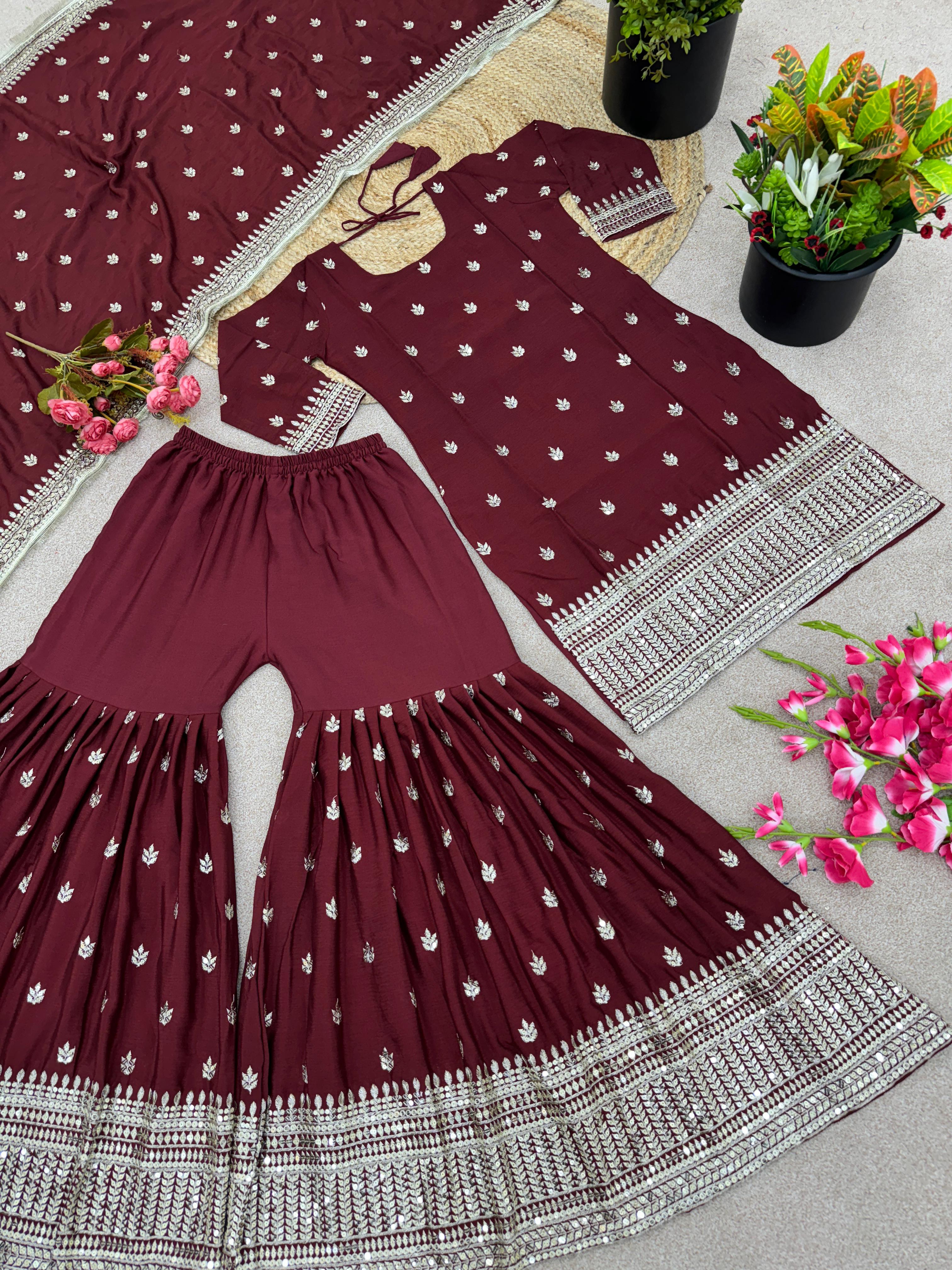 Captivating Embroidery Sequence Work Maroon Color Sharara Suit