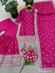 Captivating Embroidery Sequence Work Pink Color Sharara Suit