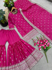 Captivating Embroidery Sequence Work Pink Color Sharara Suit