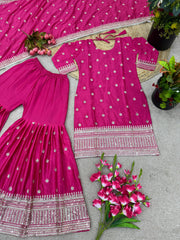 Captivating Embroidery Sequence Work Pink Color Sharara Suit