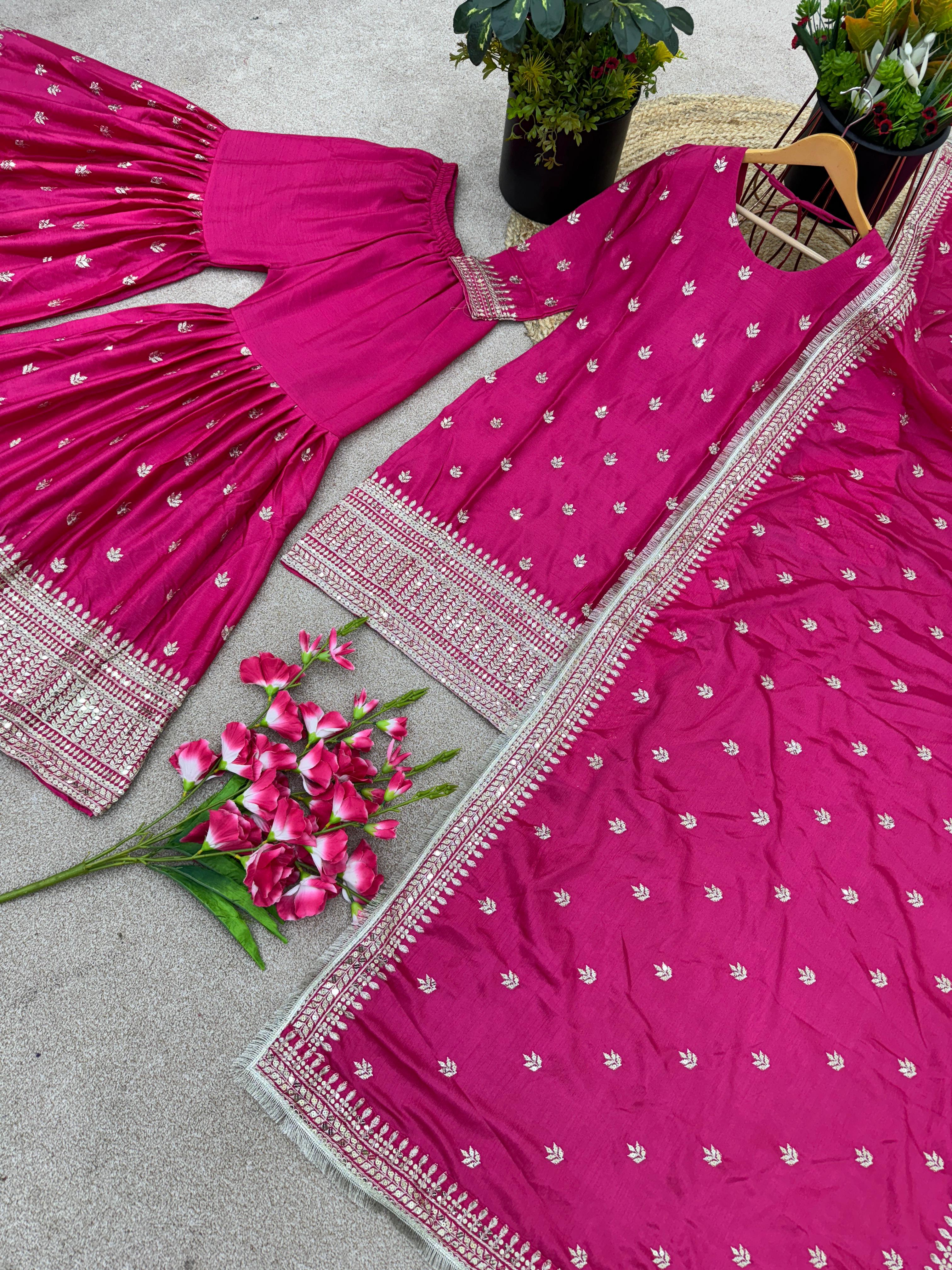 Captivating Embroidery Sequence Work Pink Color Sharara Suit