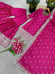 Captivating Embroidery Sequence Work Pink Color Sharara Suit