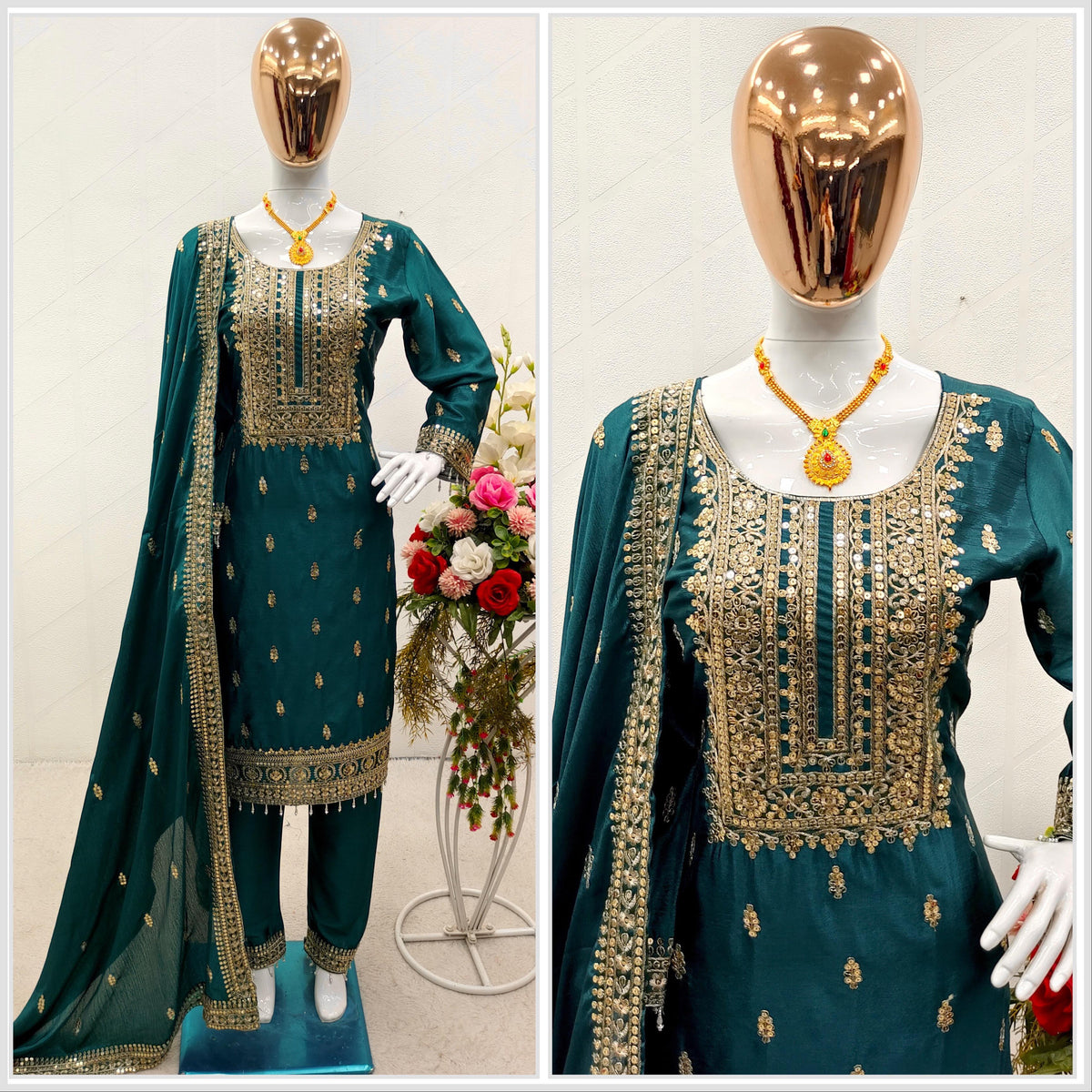 Fantastic Embroidery Work Rama Color Anarkali Suit
