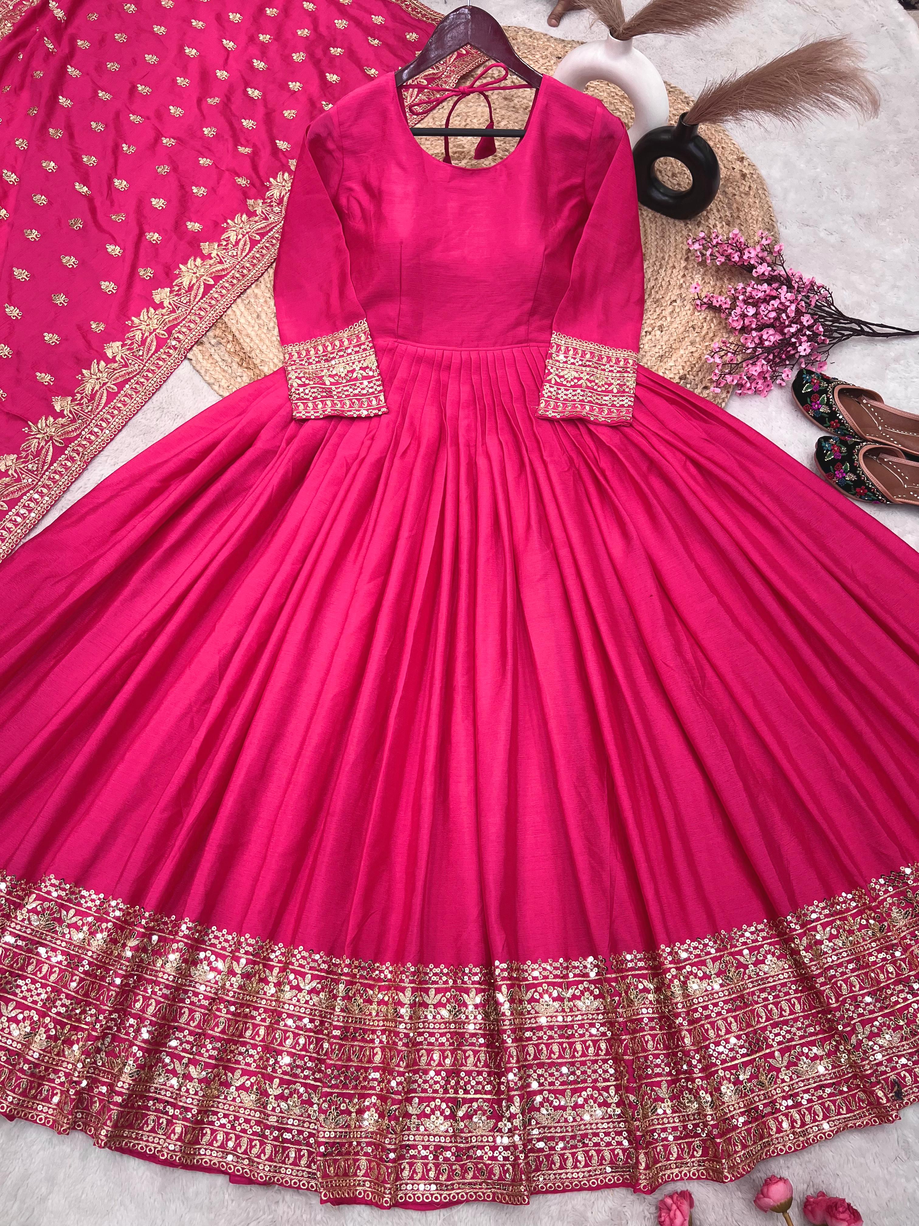 Shining Embroidery Sequence Work Pink Color Gown