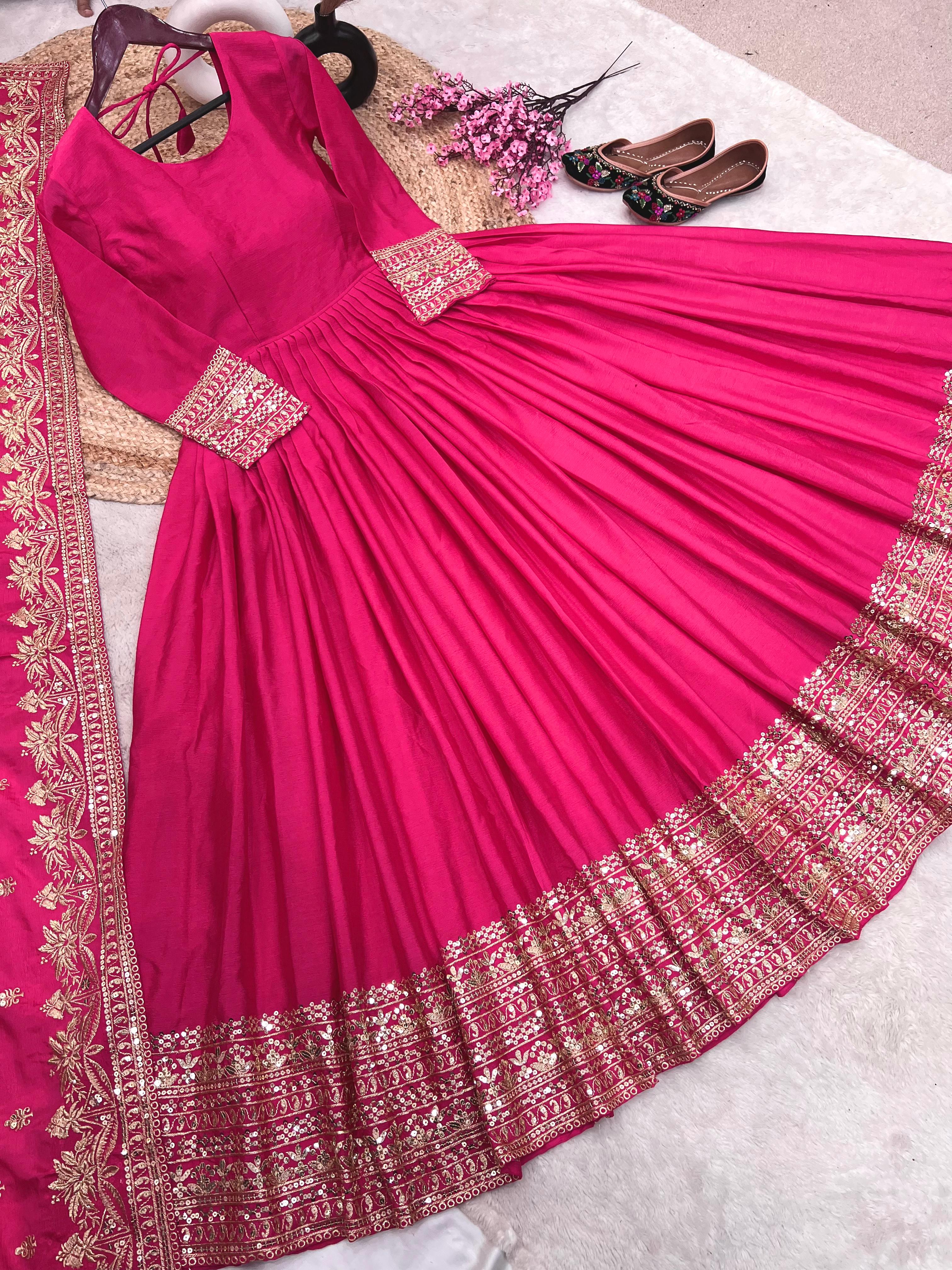 Shining Embroidery Sequence Work Pink Color Gown