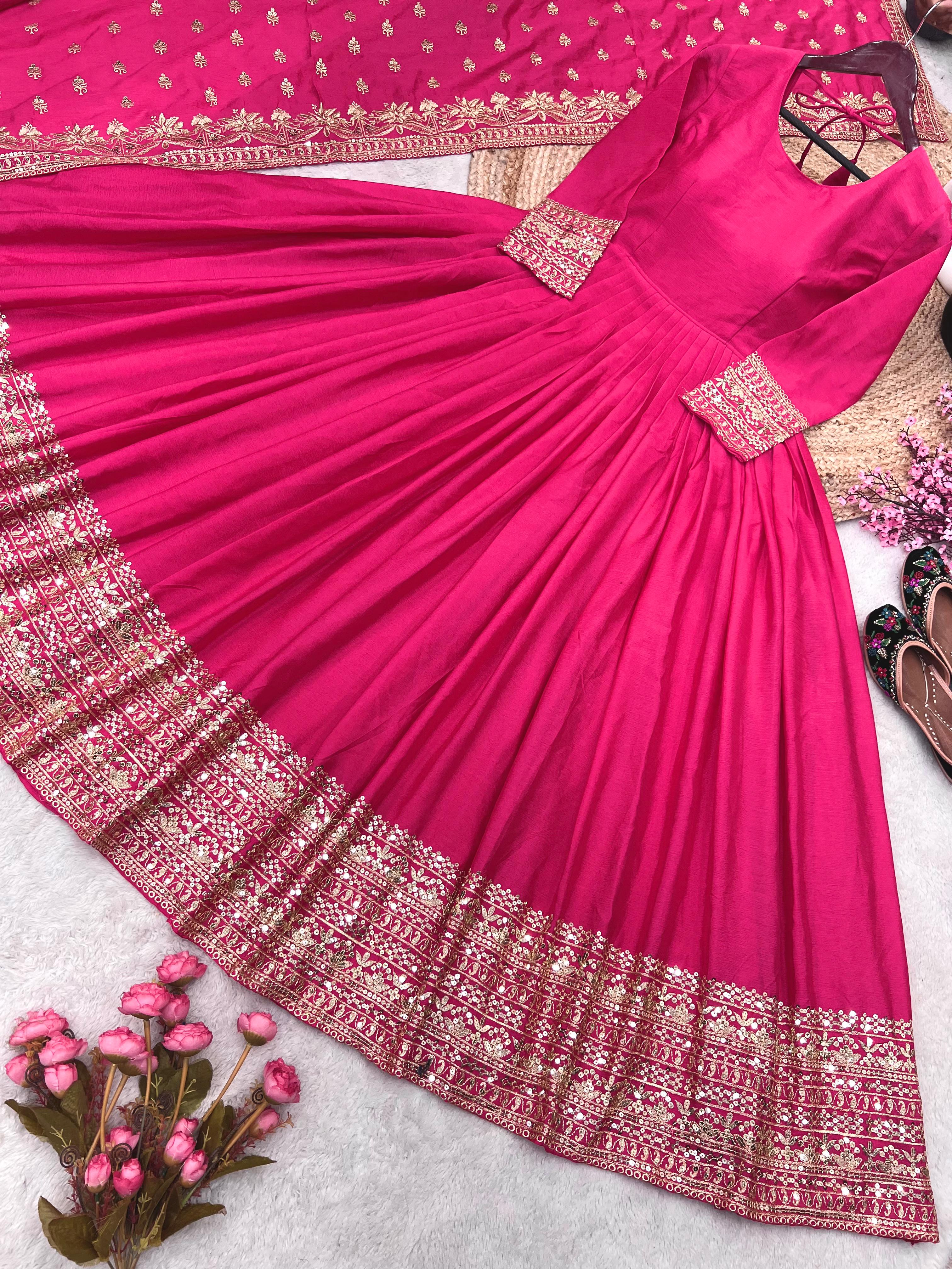 Shining Embroidery Sequence Work Pink Color Gown