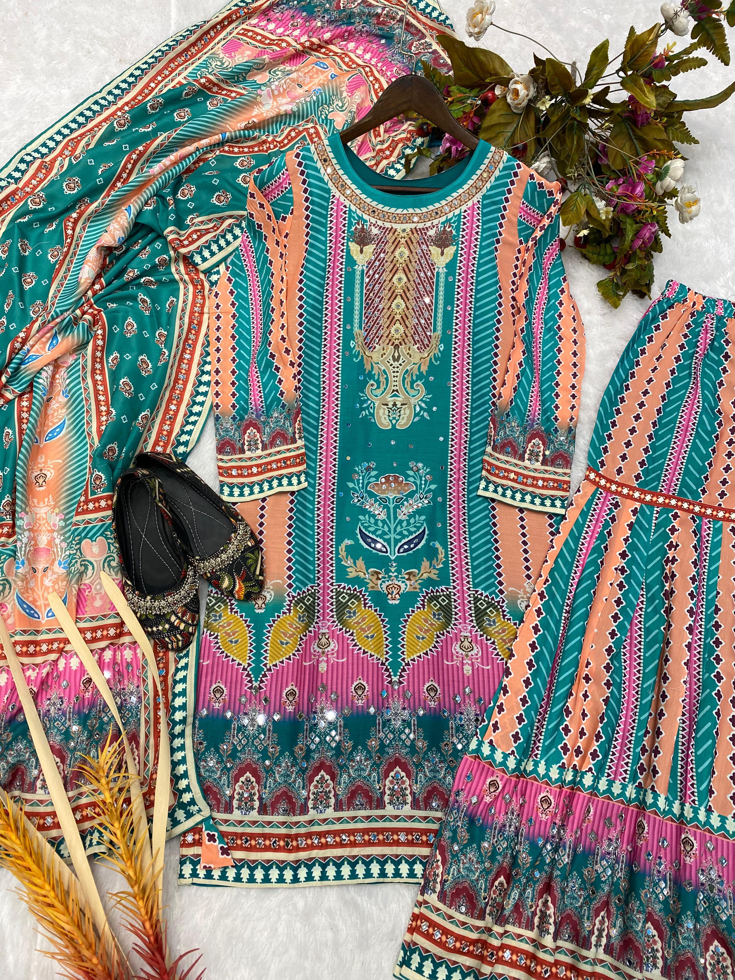 Luxuriant Real Mirror Work Malty Color Sharar Suit