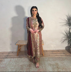 Peach Salwar Suit With Maroon Dupatta All Over Work