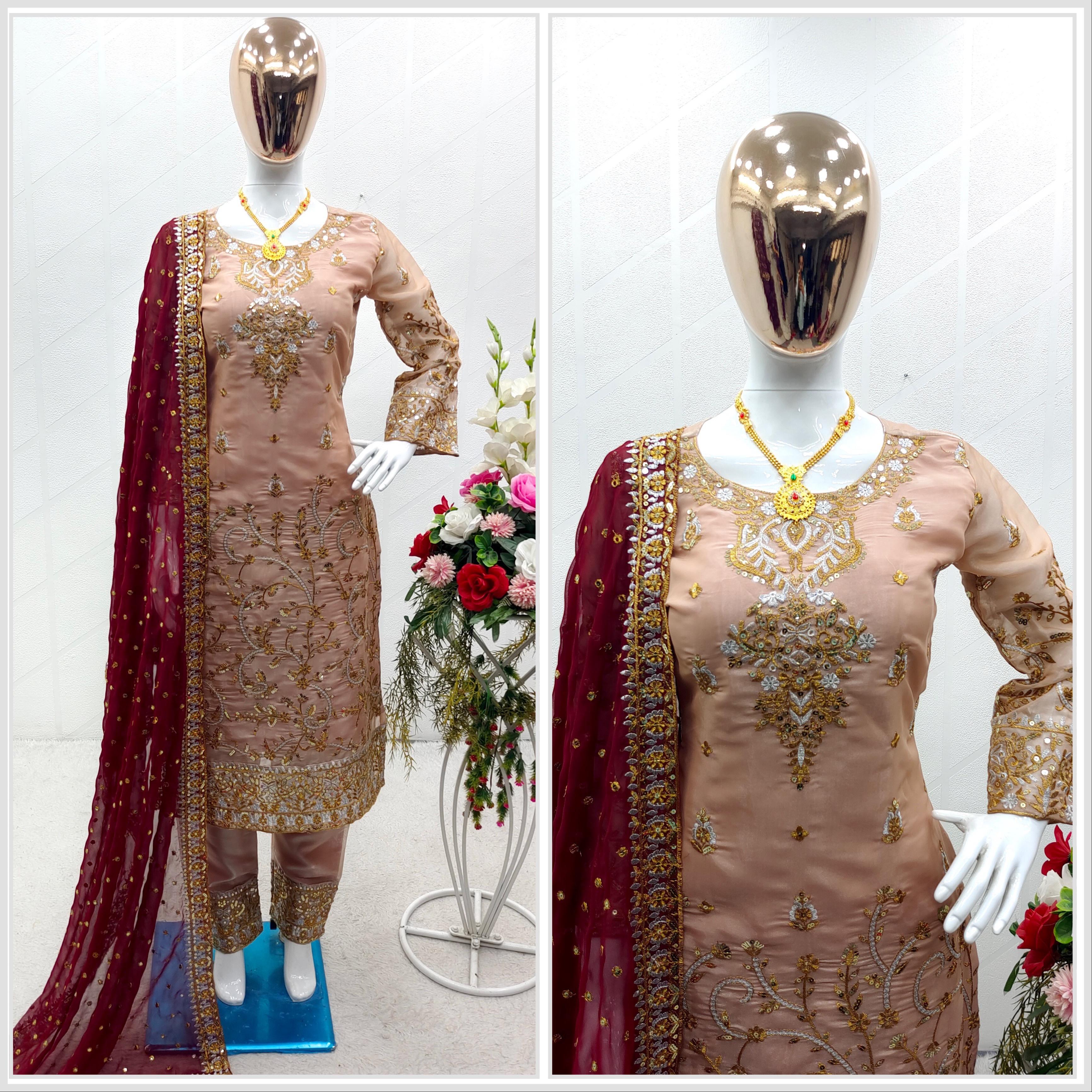 Peach Salwar Suit With Maroon Dupatta All Over Work