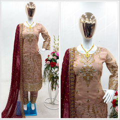 Peach Salwar Suit With Maroon Dupatta All Over Work