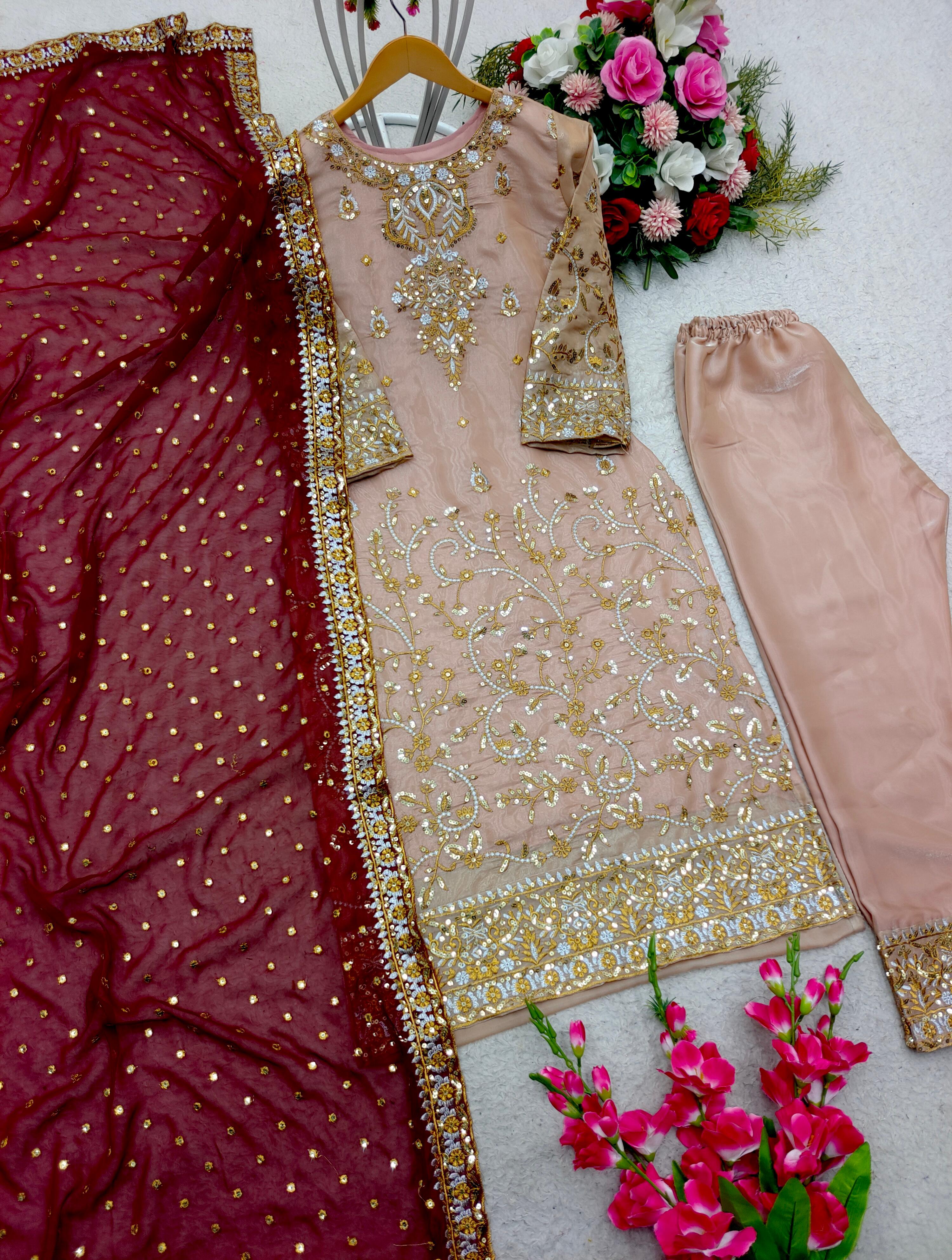 Peach Salwar Suit With Maroon Dupatta All Over Work