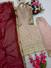 Peach Salwar Suit With Maroon Dupatta All Over Work