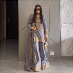 Stunning Embroidery Sequence Work Onion Color Plazo Suit