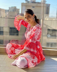 Embellished Digital Print Red Color Sharara Suit