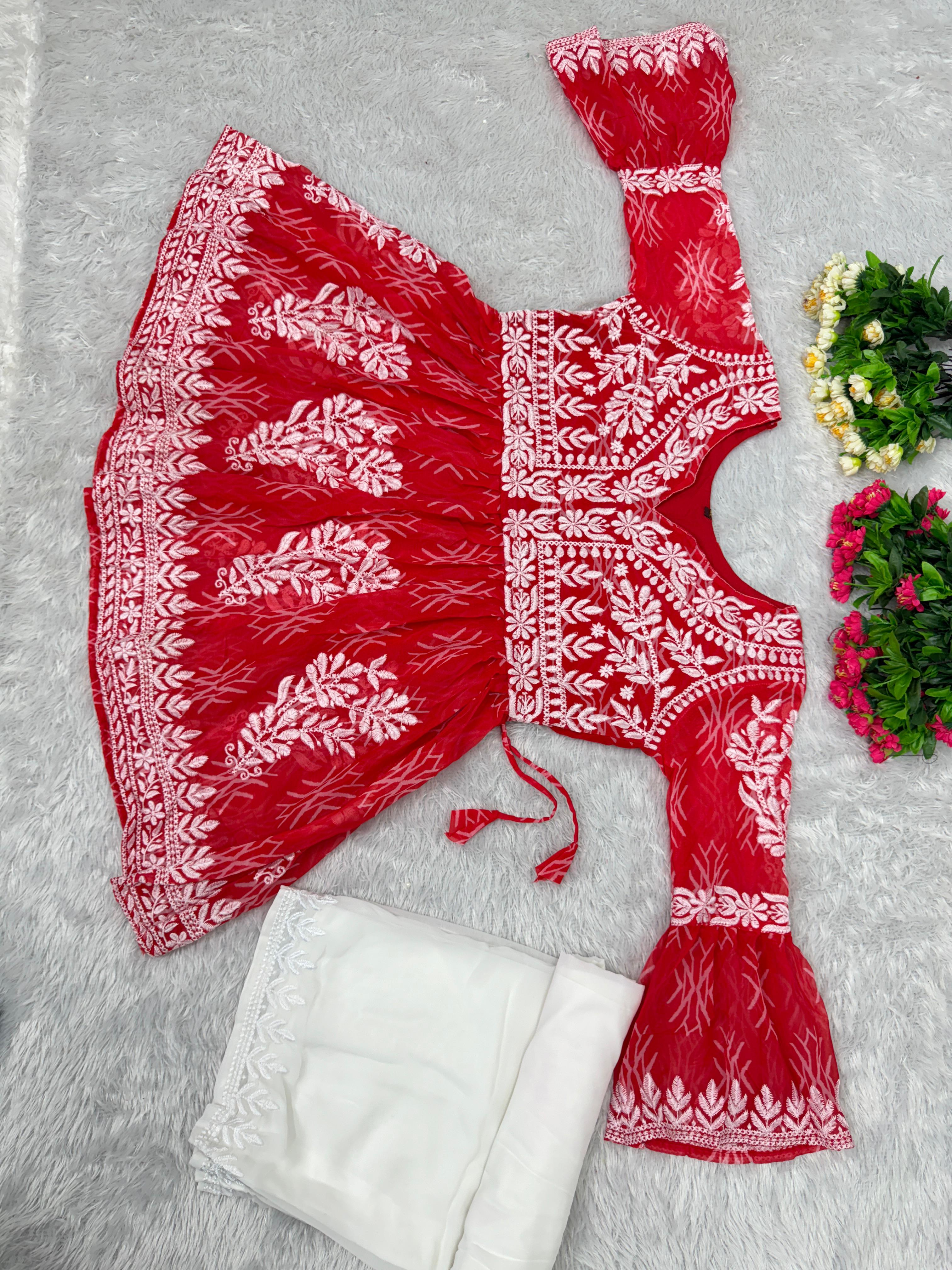 Embellished Digital Print Red Color Sharara Suit