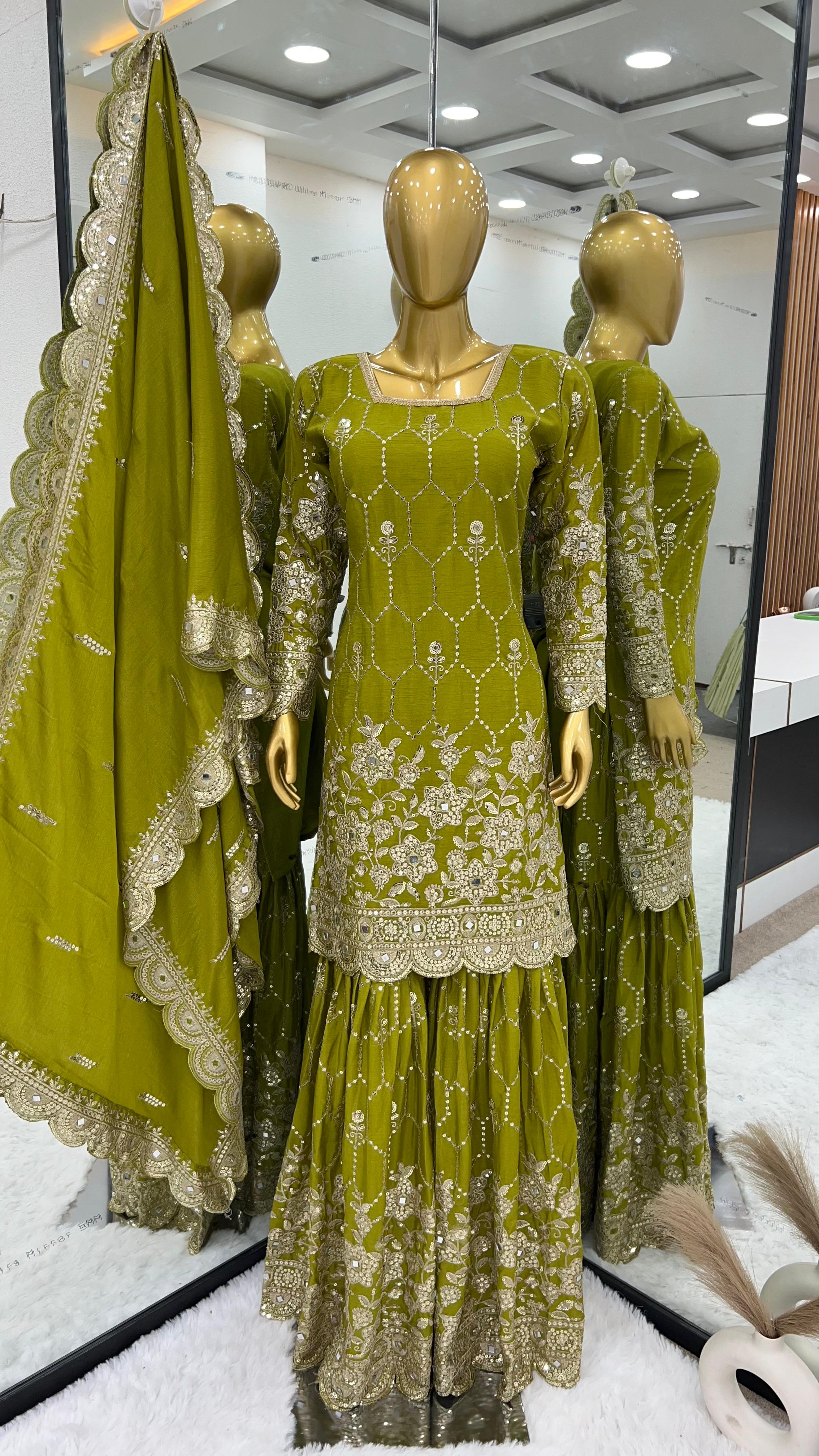 Gorgeous Embroidery Sequence Work Perrot Color Sharara Suit