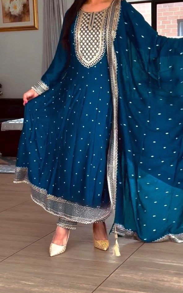 Captivating Sequence Work Teal Color Gown