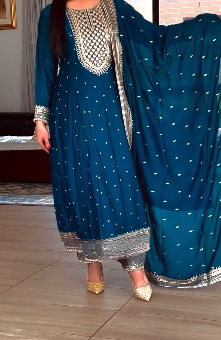 Captivating Sequence Work Teal Color Gown