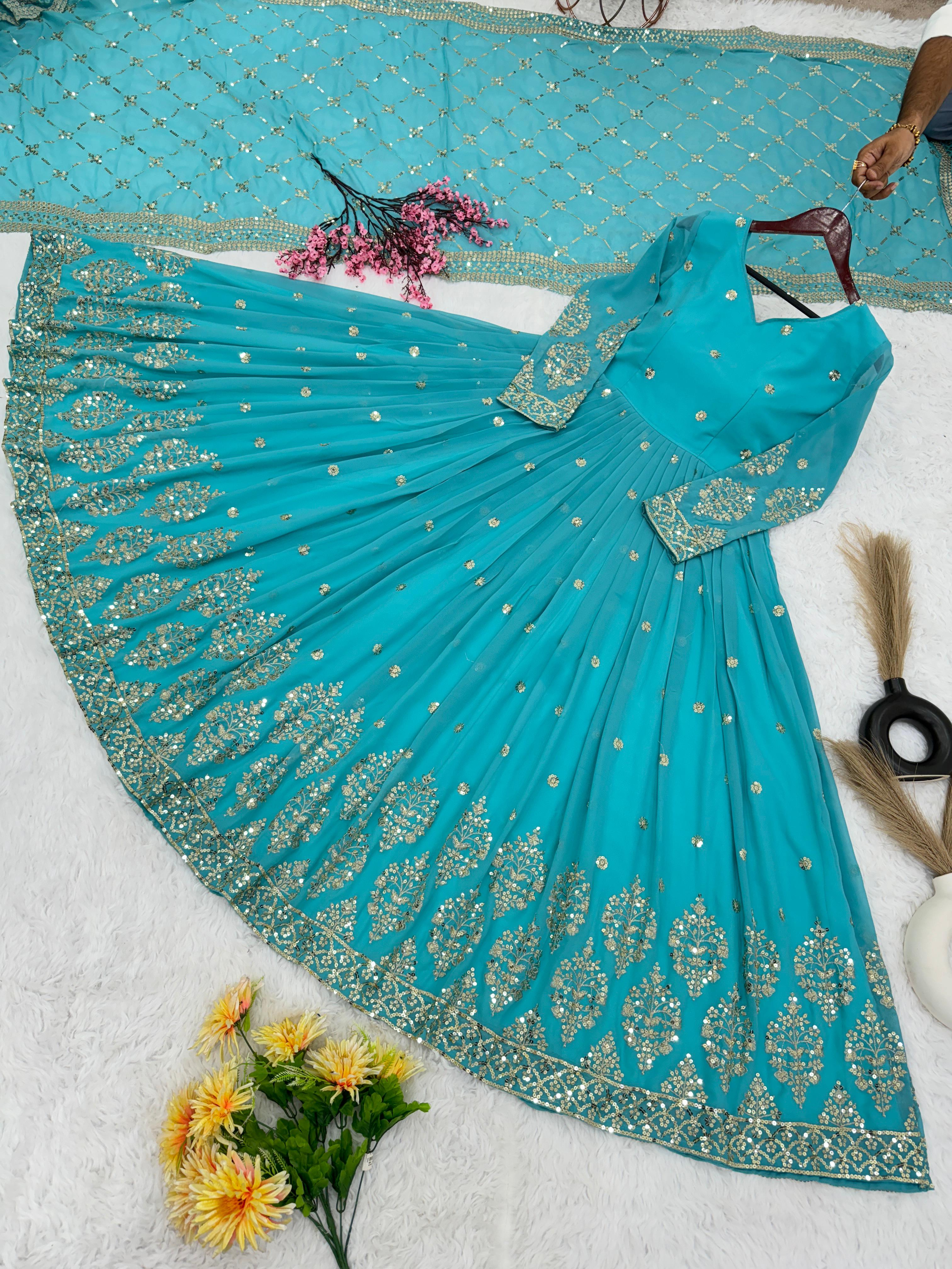 Mesmerizing Embroidery Sequence Work Rama Color Long Gown