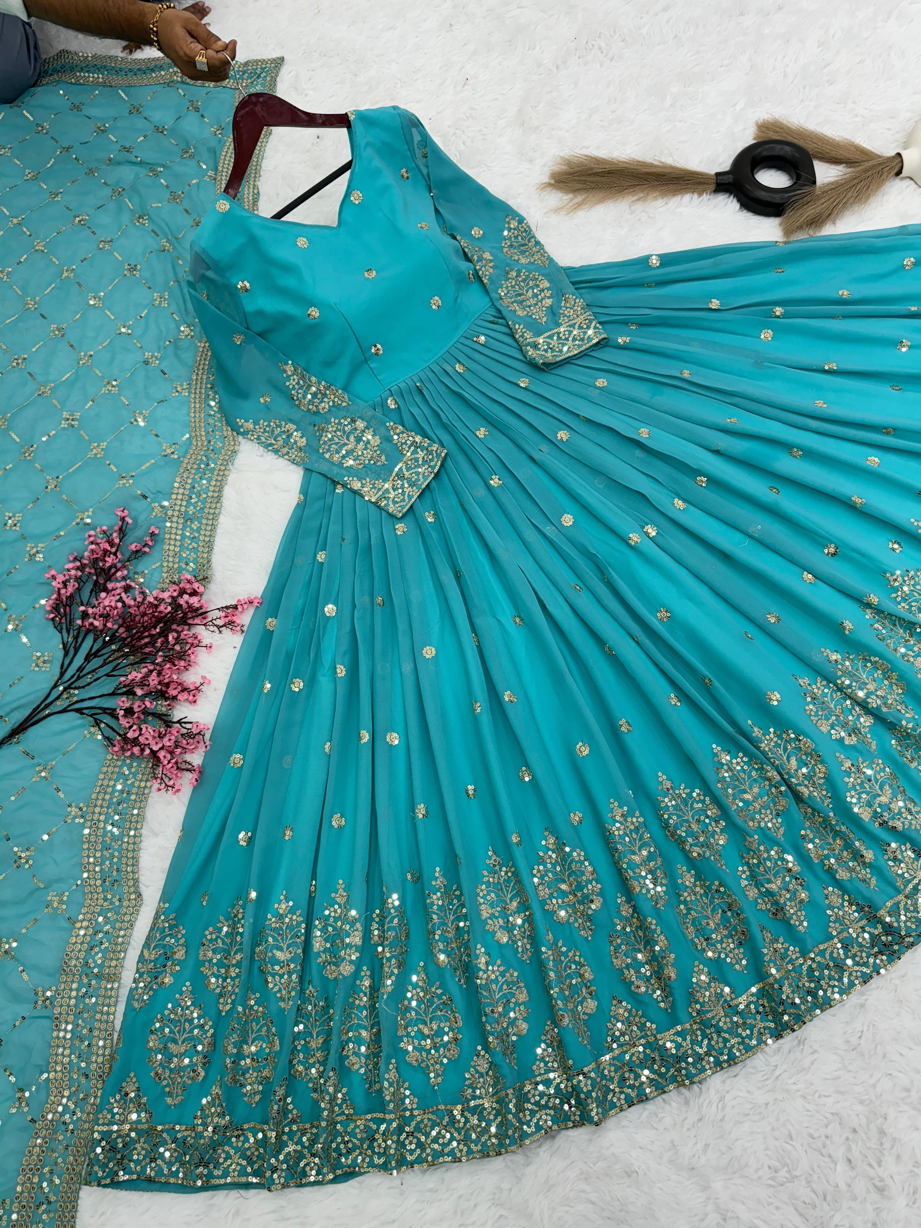 Mesmerizing Embroidery Sequence Work Rama Color Long Gown