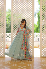 Mesmerizing Sequins Work Sky Color Gown