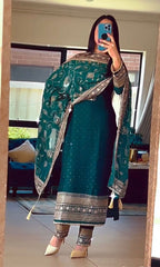Embellished Embroidery Work Rama Color Anarkali Suit