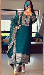 Embellished Embroidery Work Rama Color Anarkali Suit