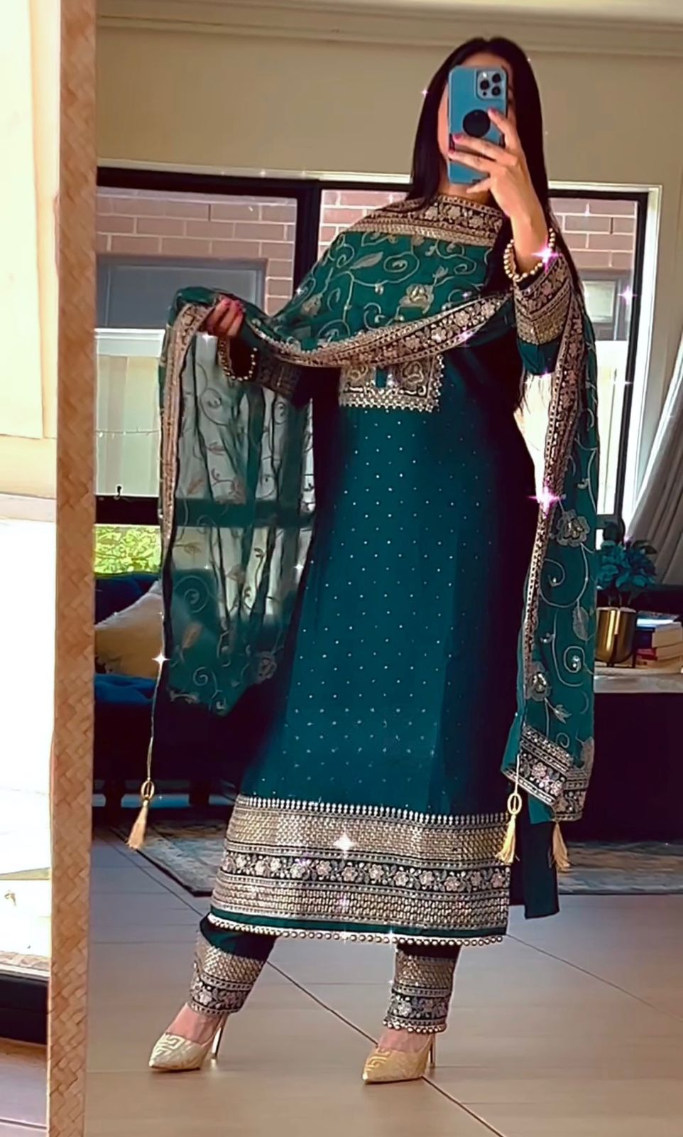 Embellished Embroidery Work Rama Color Anarkali Suit