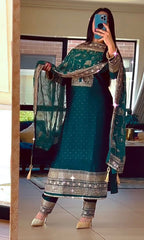 Embellished Embroidery Work Rama Color Anarkali Suit