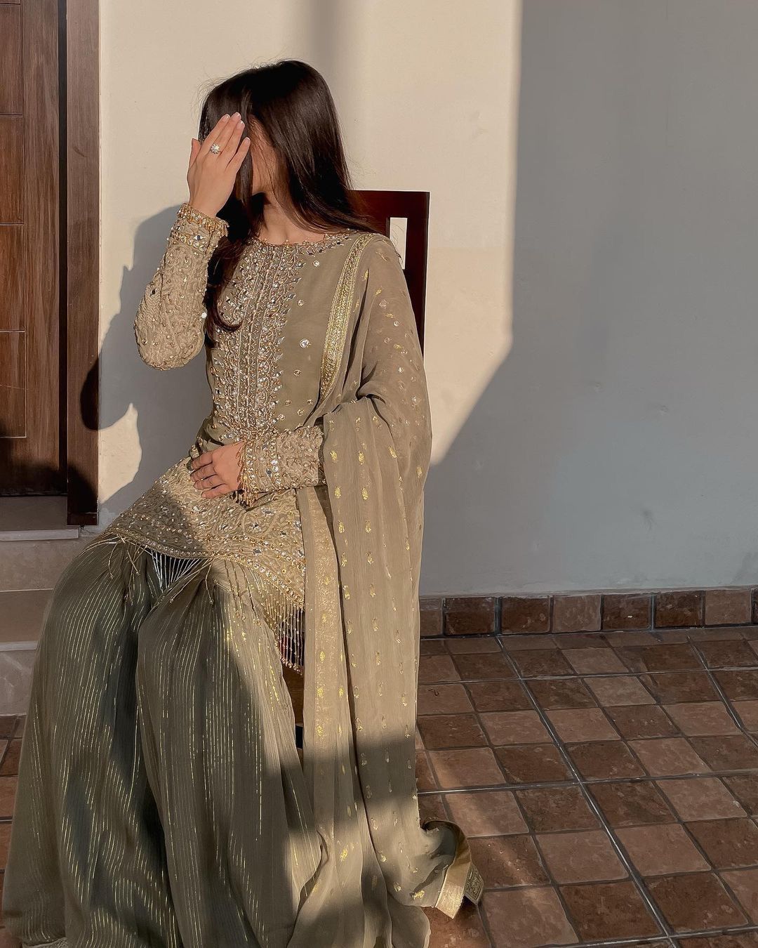 slim fit dress slacks Grey Embroidered Silk Sharara Suit main image 0