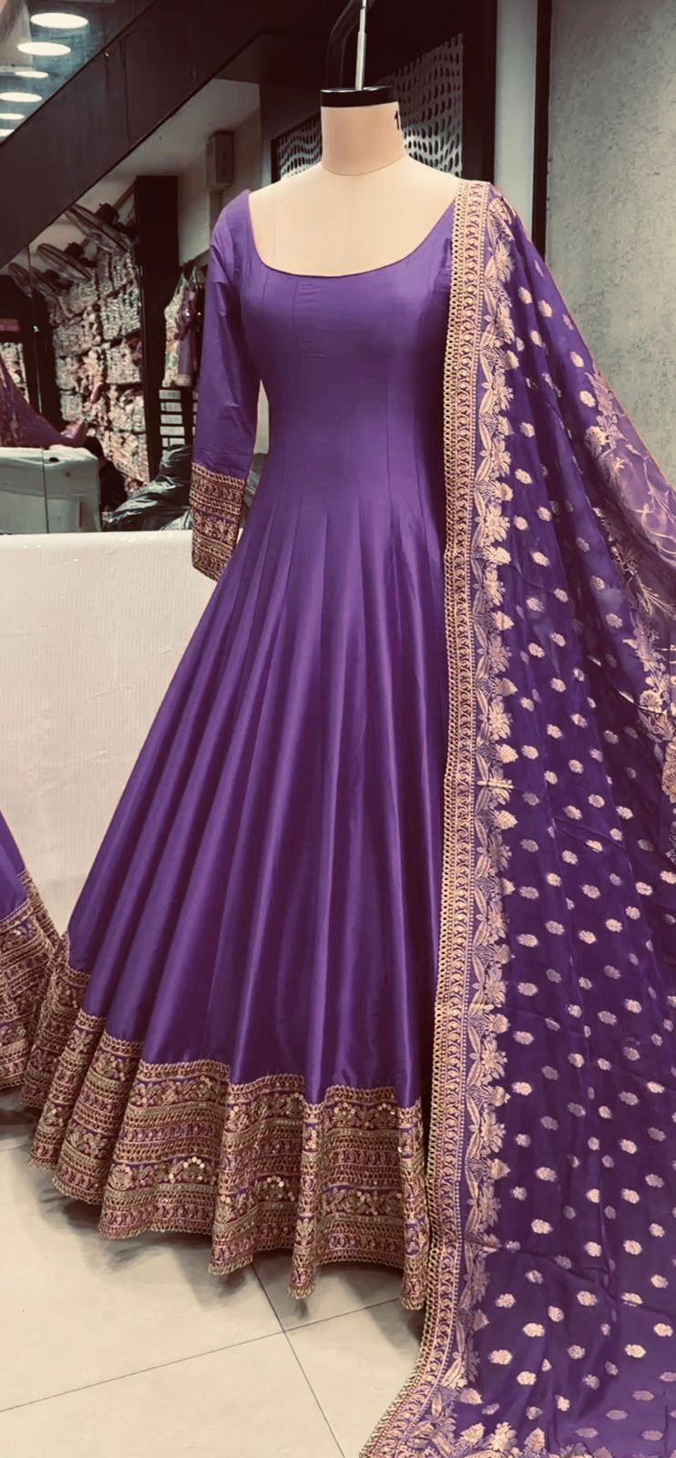 Marvelous Embroidery Sequence Work Purple Color Gown
