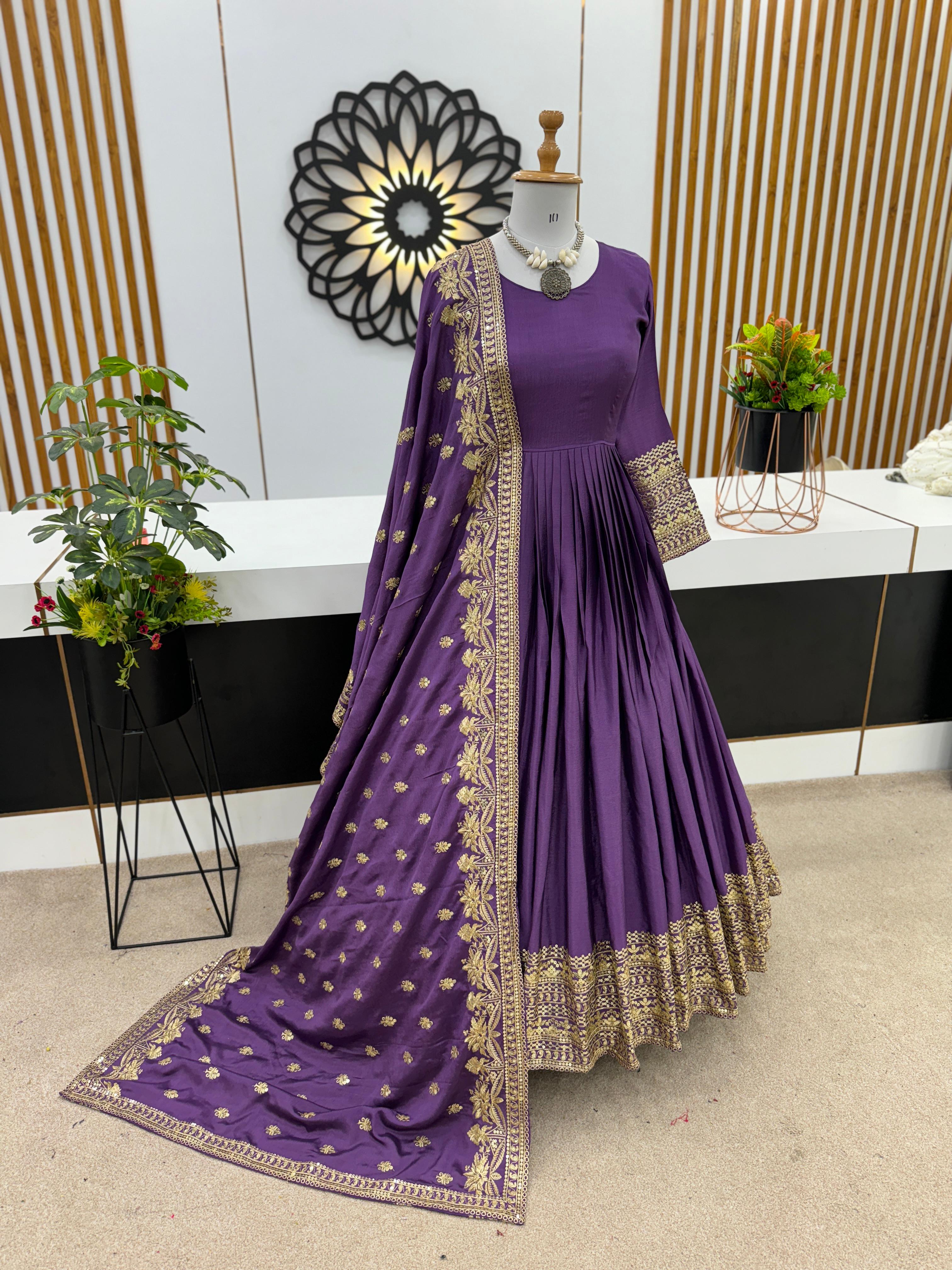 Marvelous Embroidery Sequence Work Purple Color Gown