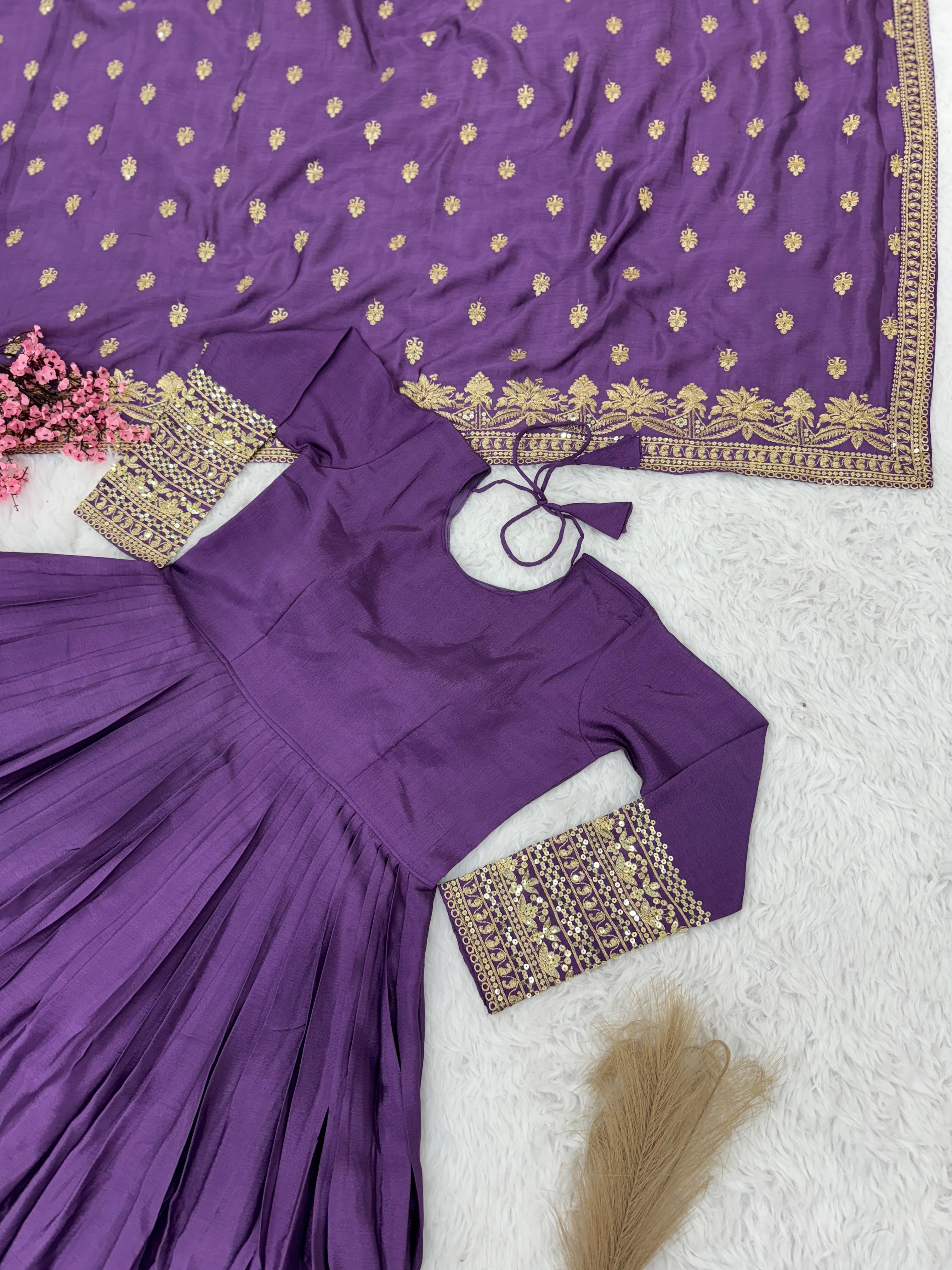 Marvelous Embroidery Sequence Work Purple Color Gown